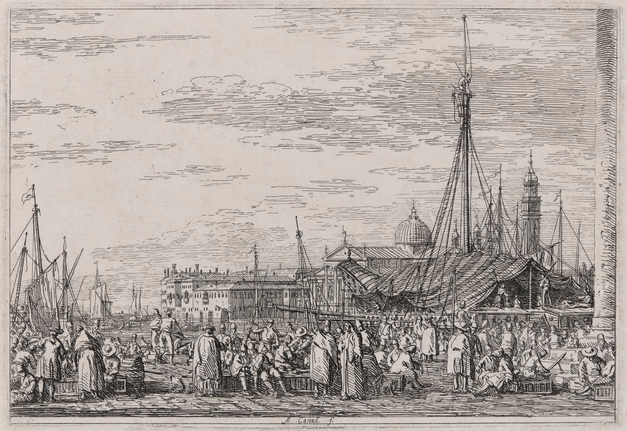 The Market on the Molo, sarjasta Vedute (Views) tekijältä Canaletto (Giovanni Antonio Canal)