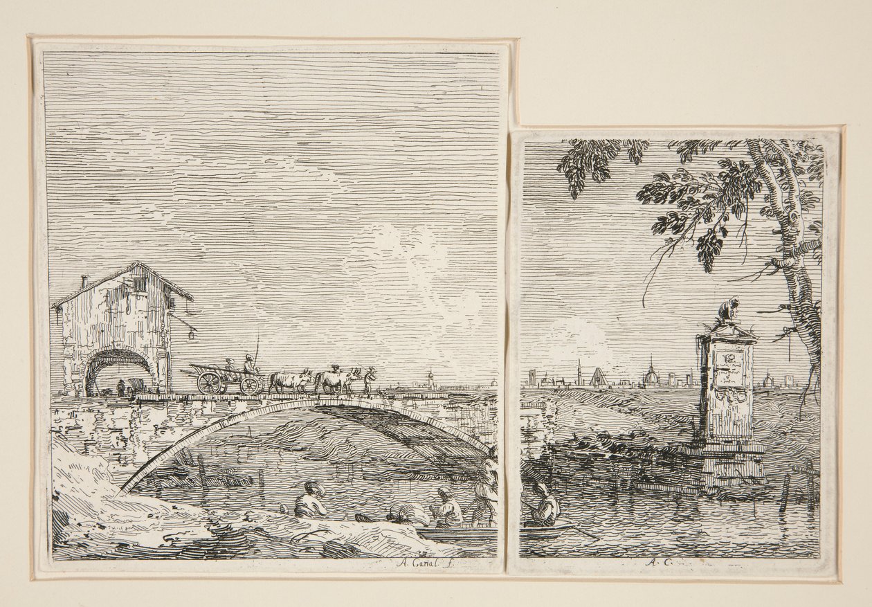 Sillan yli kulkeva vaunu [ja] Pieni monumentti (puun alla), sarjasta Vedute (Näkymät) tekijältä Canaletto (Giovanni Antonio Canal)