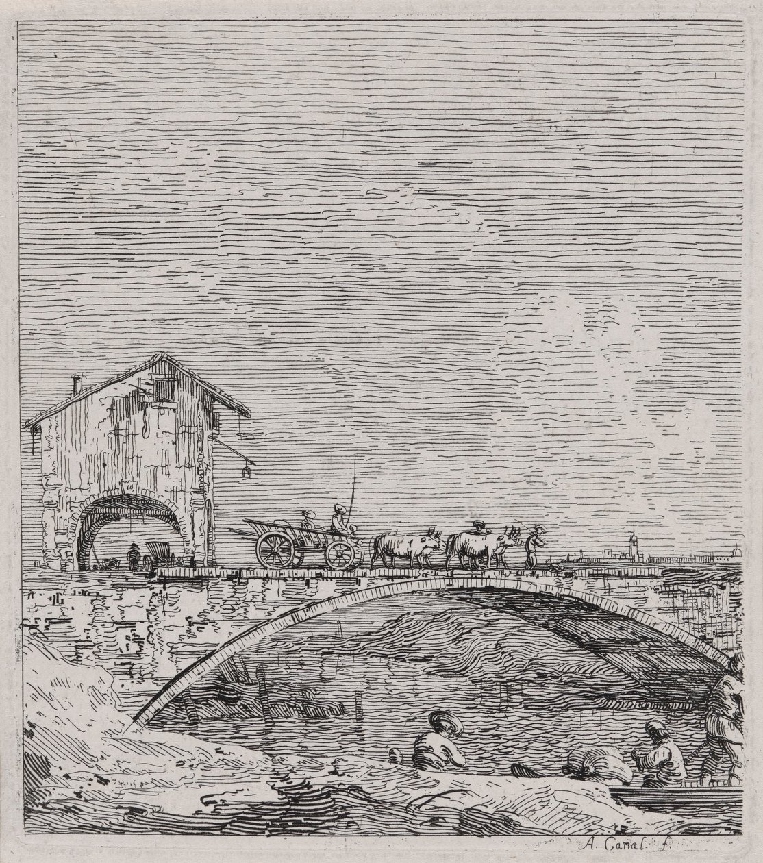 Wagon Passing a Bridge, sarjasta Vedute (Views) tekijältä Canaletto (Giovanni Antonio Canal)