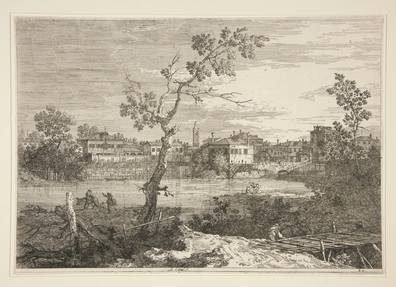 Näkymä kaupunkiin joen rannalla, sarjasta Vedute (Views) tekijältä Canaletto (Giovanni Antonio Canal)