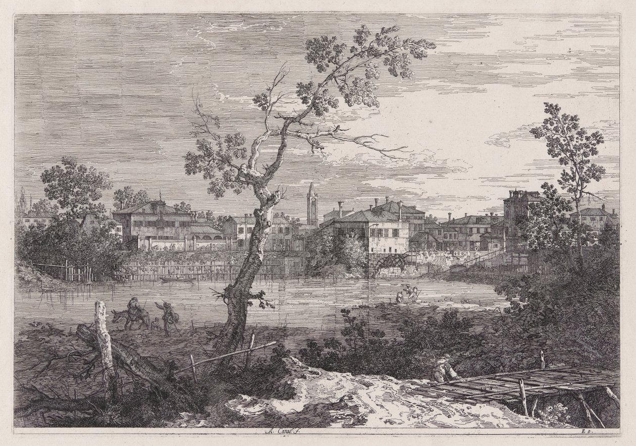 Näkymä kaupunkiin joen rannalla, sarjasta Vedute (Views) tekijältä Canaletto (Giovanni Antonio Canal)