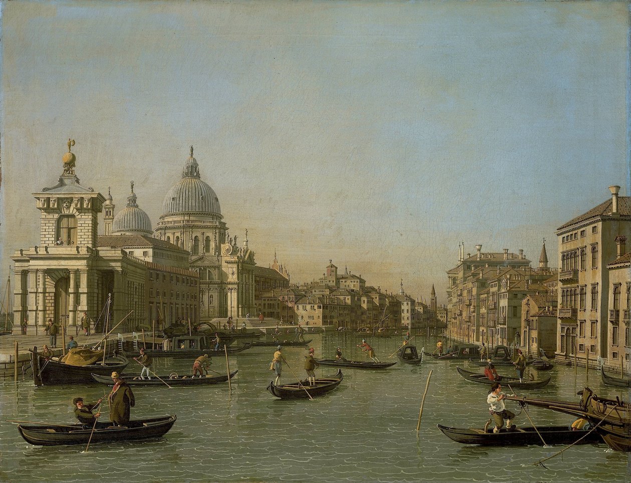 Sisäänkäynti Grand Canalille lähellä Punta della Doganaa ja Santa Maria della Salutea tekijältä Canaletto (workshop of)