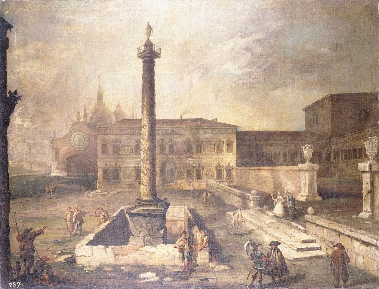 Piazzan capriccio palatsin edessä, jossa on Marcus Aureliuksen pylväs, tekijältä Giovanni Antonio Canal
