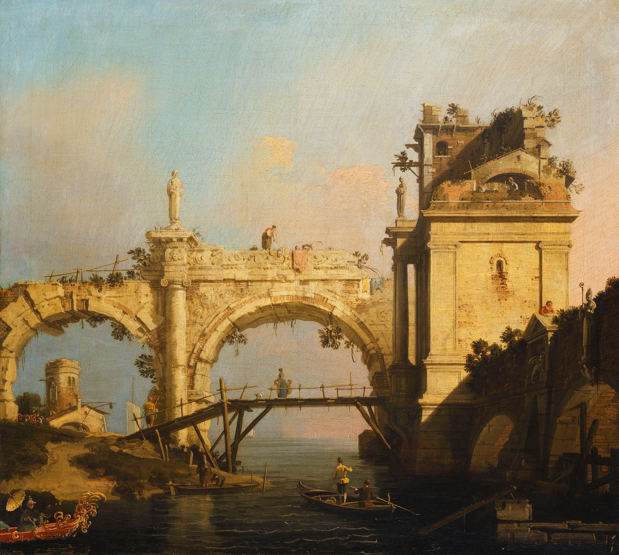 Capriccio tuhoutuneesta renessanssipelihallista ja paviljongista puisen kävelysillan ylittävän vesitien varrella, itämainen eksoottisesti sisustetussa veneessä etualalla, tekijältä Giovanni Antonio Canal