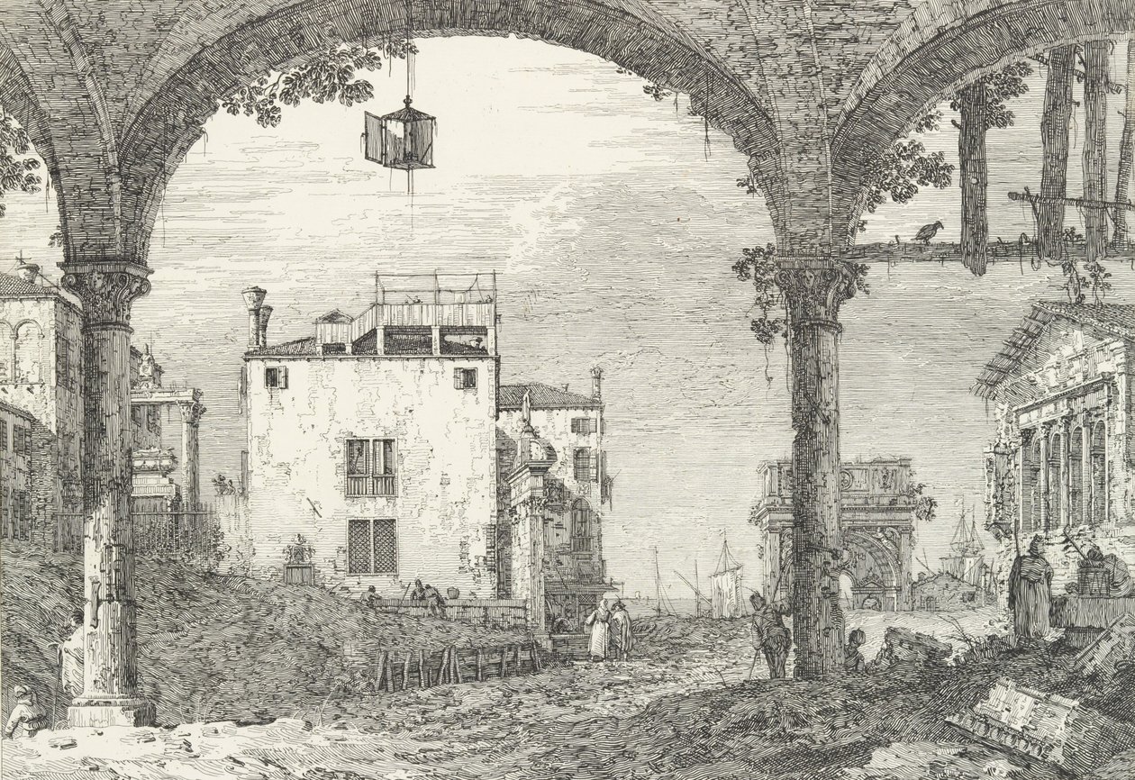 Kolmikaarinen eteinen, jossa keskellä riippuva lyhty, riemukaari ja raunio..., 1735-46. tekijältä Canaletto