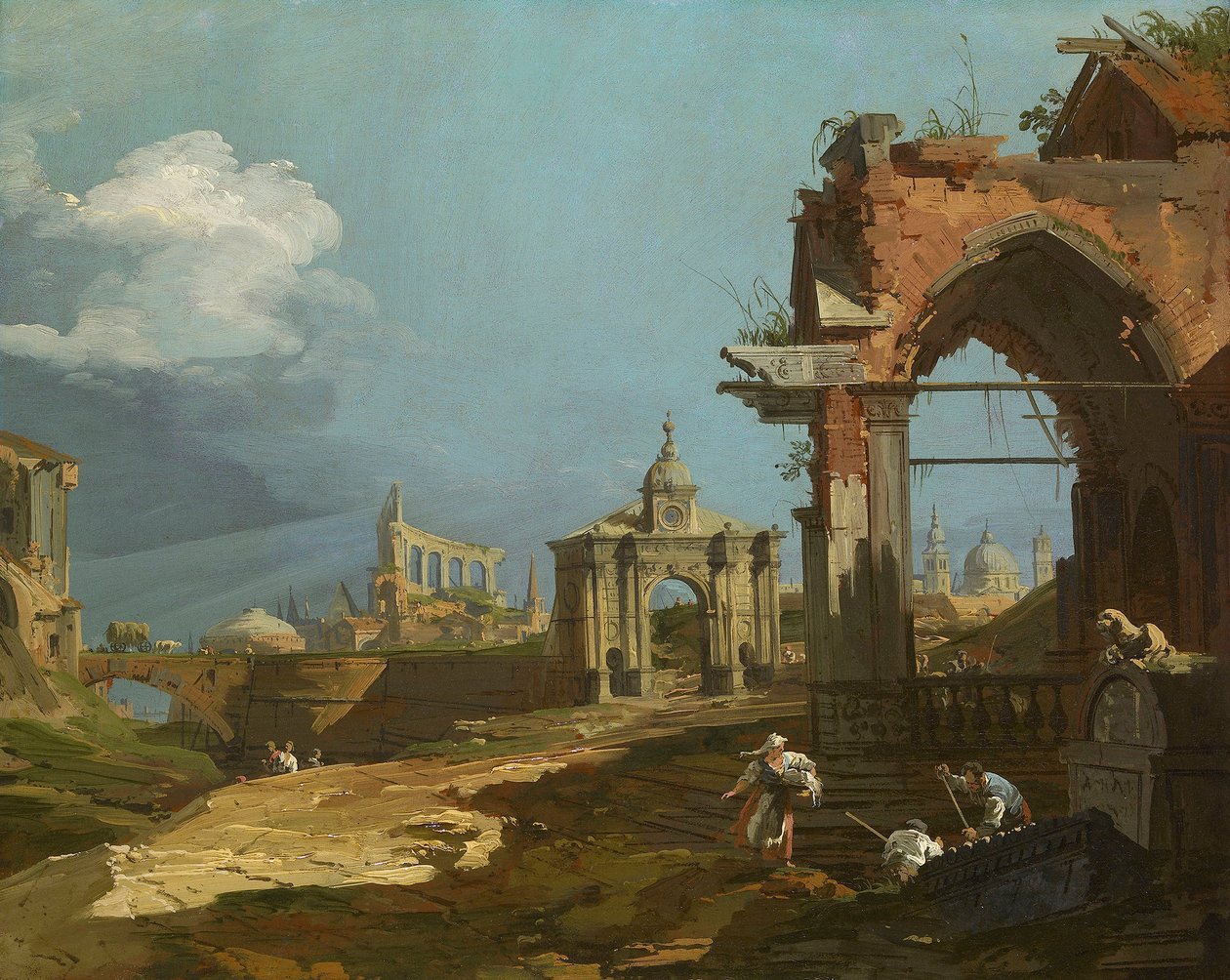 Canaletto - Capriccio-näkymä, jossa on teräväkärkinen kaari 1742-44 tekijältä Canaletto