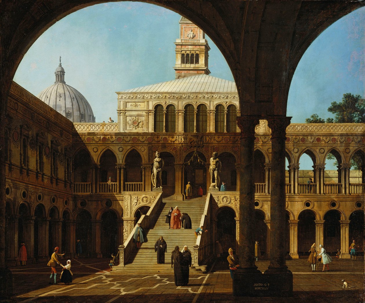Canaletto - Capriccio Näkymä Palazzo Ducalen sisäpihalle ja Scala dei Gigantille Signeerattu ja päivätty 1744 tekijältä Canaletto