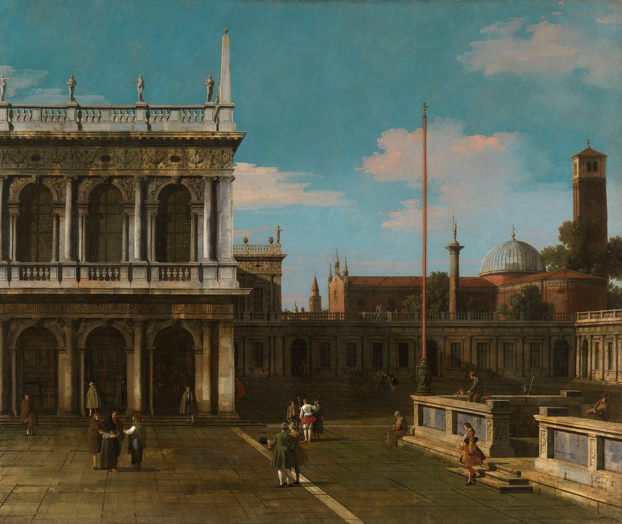 Canaletto - Capriccio Näkymä Piazzettaan ja Libreriaan Signeerattu ja päivätty 1744 tekijältä Canaletto