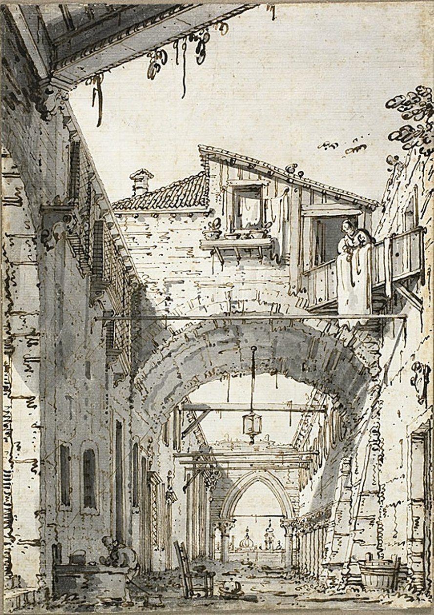 Capriccio: Kaarien halkoma katu (recto) Oviaukon, portaiden ja rakennuksen toisen kerroksen luonnokset (verso) tekijältä Canaletto