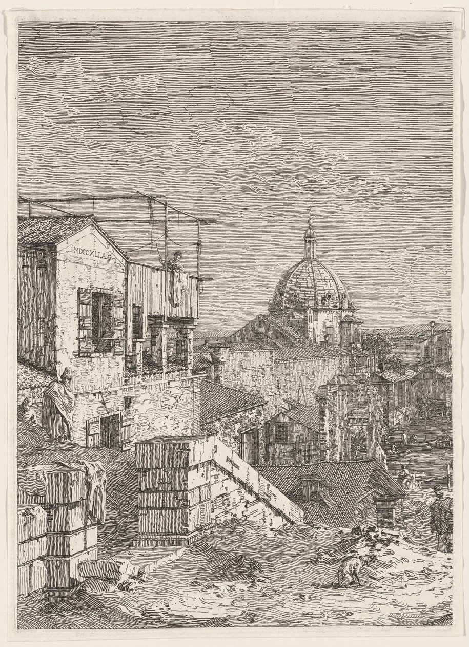 Kuvitteellinen näkymä Venetsiasta (vasen osa) tekijältä Canaletto