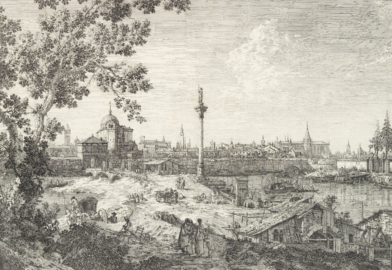 Kuvitteellinen näkymä Padovasta, vasemmalla kampikirkko ja kupolikirkko, pylväs ylitetty..., 1735-46. tekijältä Canaletto