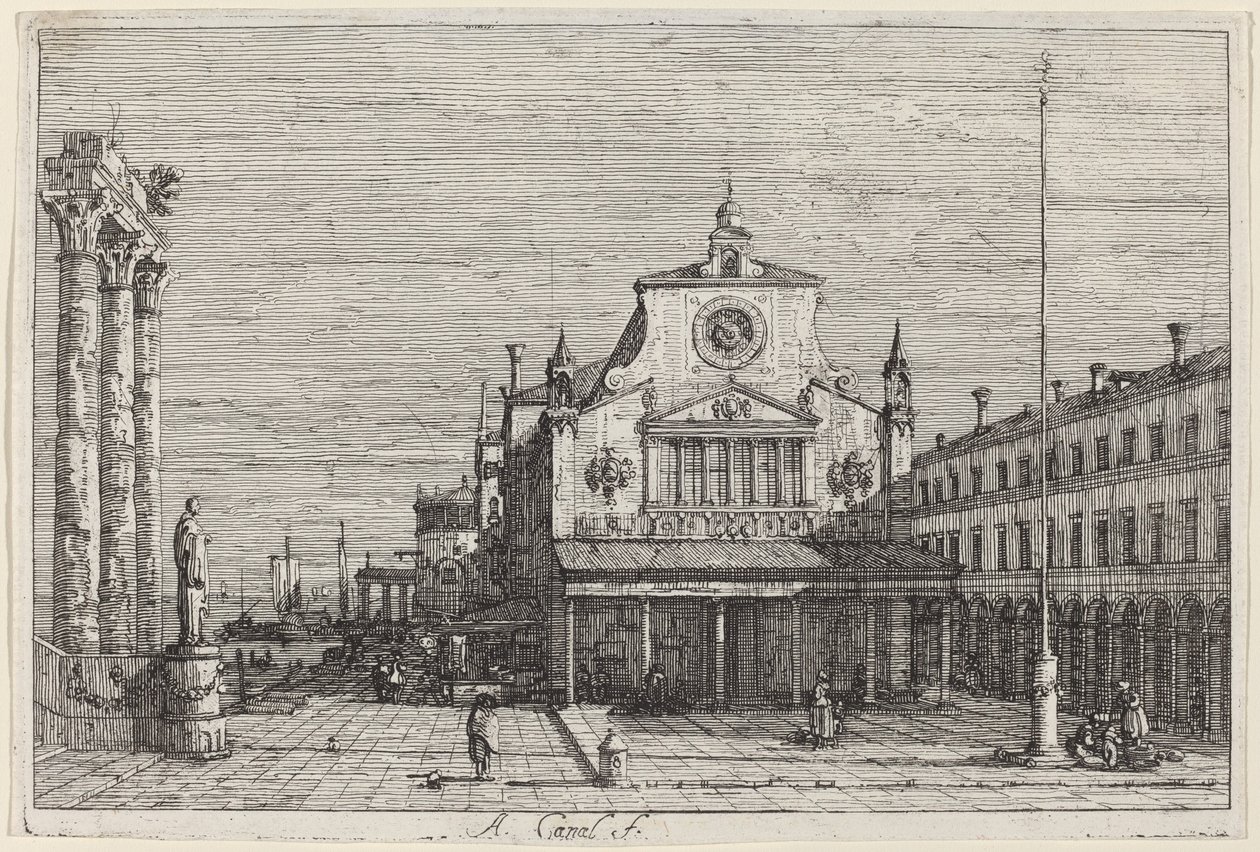Kuvitteellinen näkymä S. Giacomo di Rialtoon tekijältä Canaletto