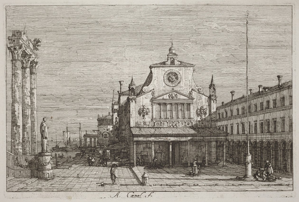 Kuvitteellinen näkymä S. Giacomo di Rialtosta [oikeassa yläkulmassa] tekijältä Canaletto