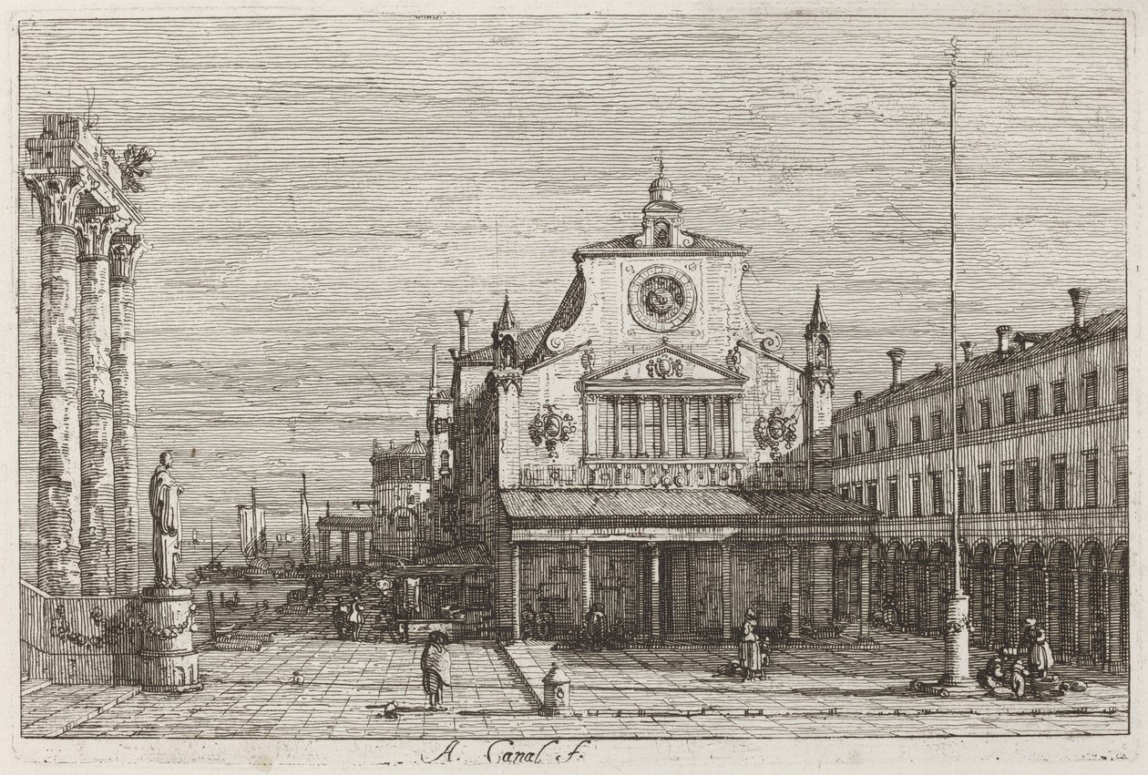 Kuvitteellinen näkymä S. Giacomo di Rialtoon [ylhäällä oikealla], n. 17351746. tekijältä Canaletto