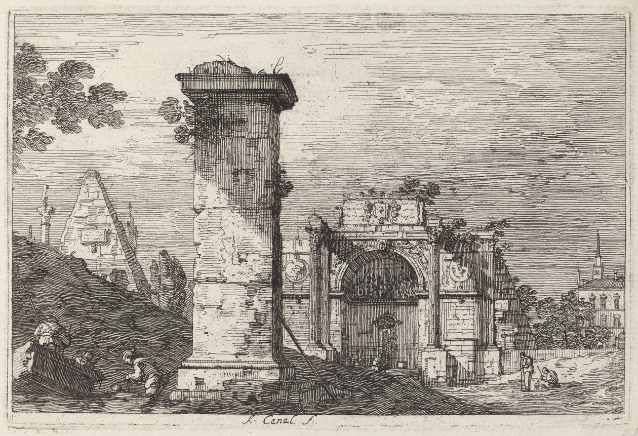 Maisema raunioineen monumentteineen tekijältä Canaletto
