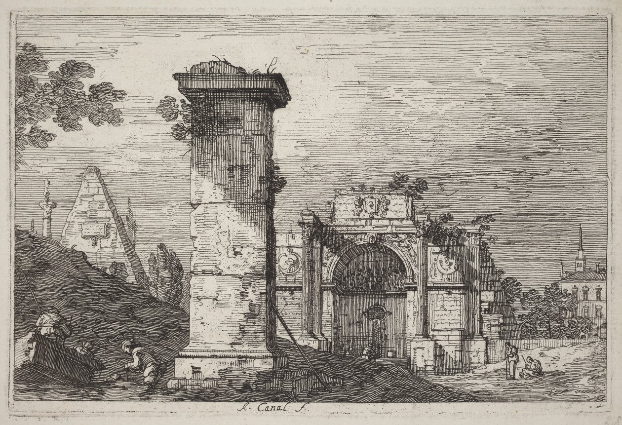 Maisema, jossa on raunioituneita monumentteja tekijältä Canaletto