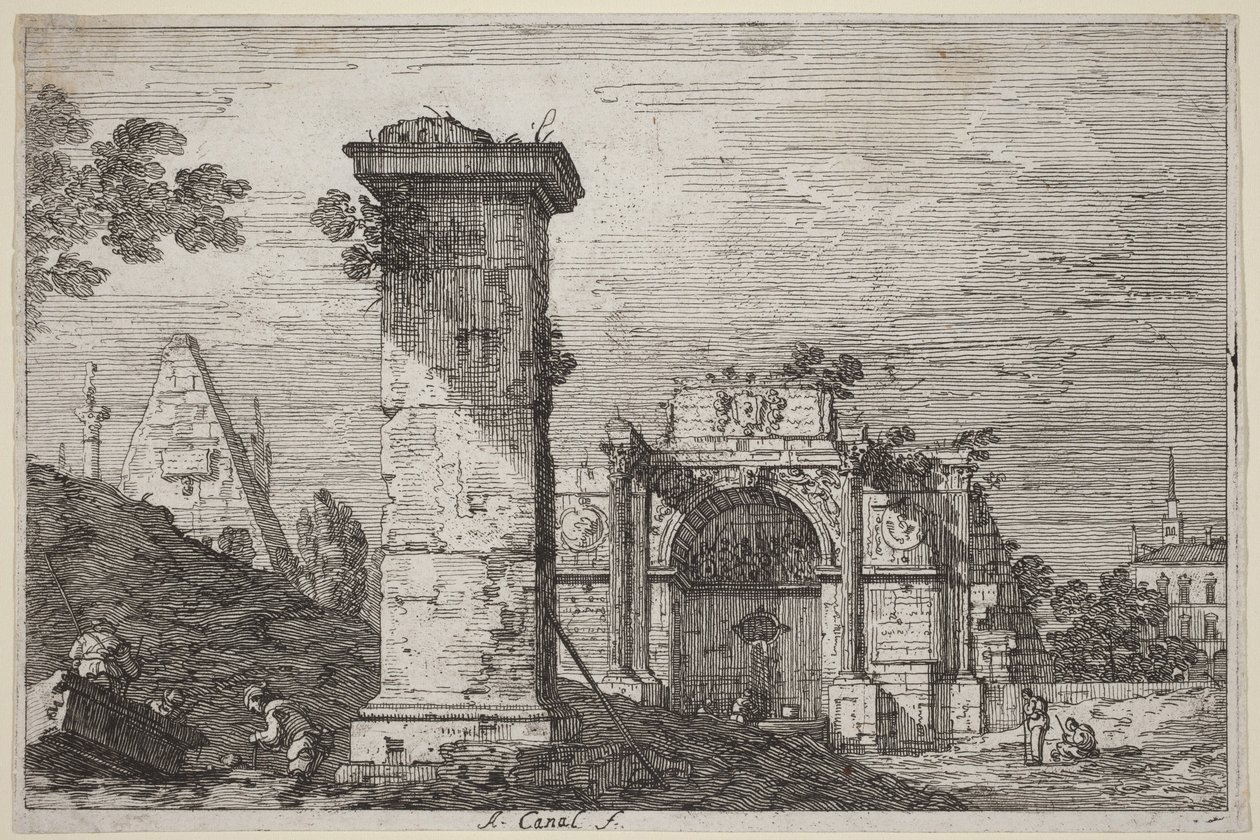Maisema ja raunioituneita monumentteja tekijältä Canaletto