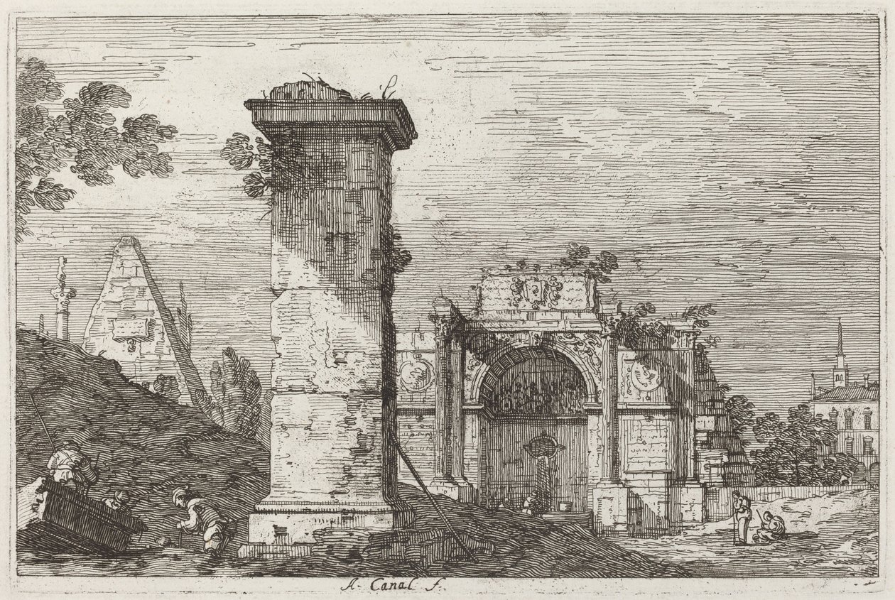 Maisema raunioineen monumentteineen [oikealla] tekijältä Canaletto