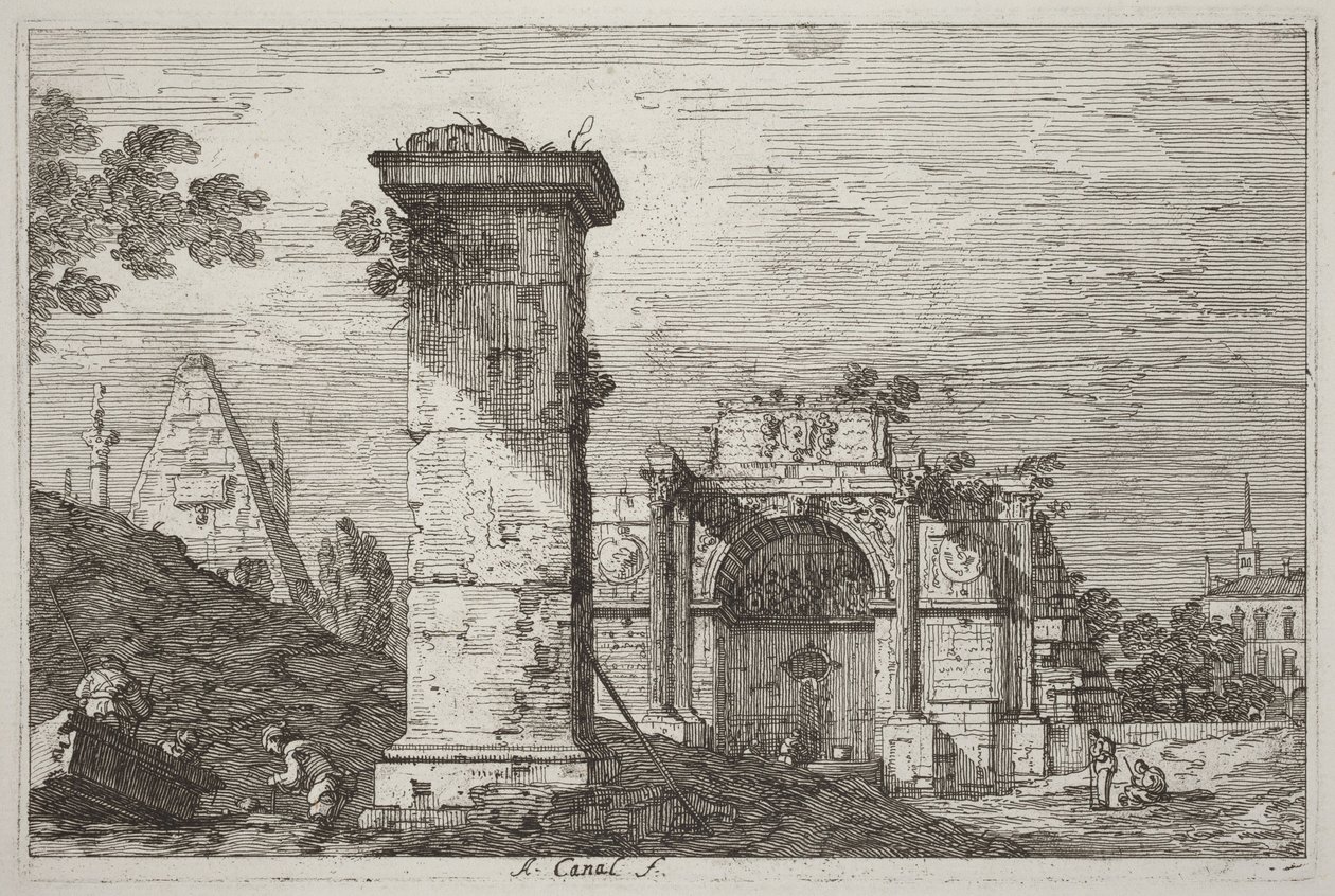 Maisema ja raunioituneita monumentteja [oikealla] tekijältä Canaletto
