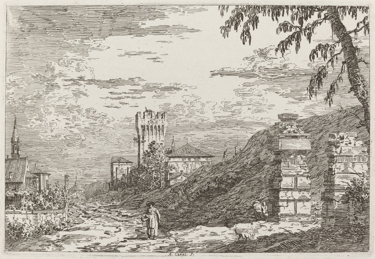 Maisema tornin ja kahden raunioitetun pilarin kanssa [vasemmalla], n. 17351746. tekijältä Canaletto