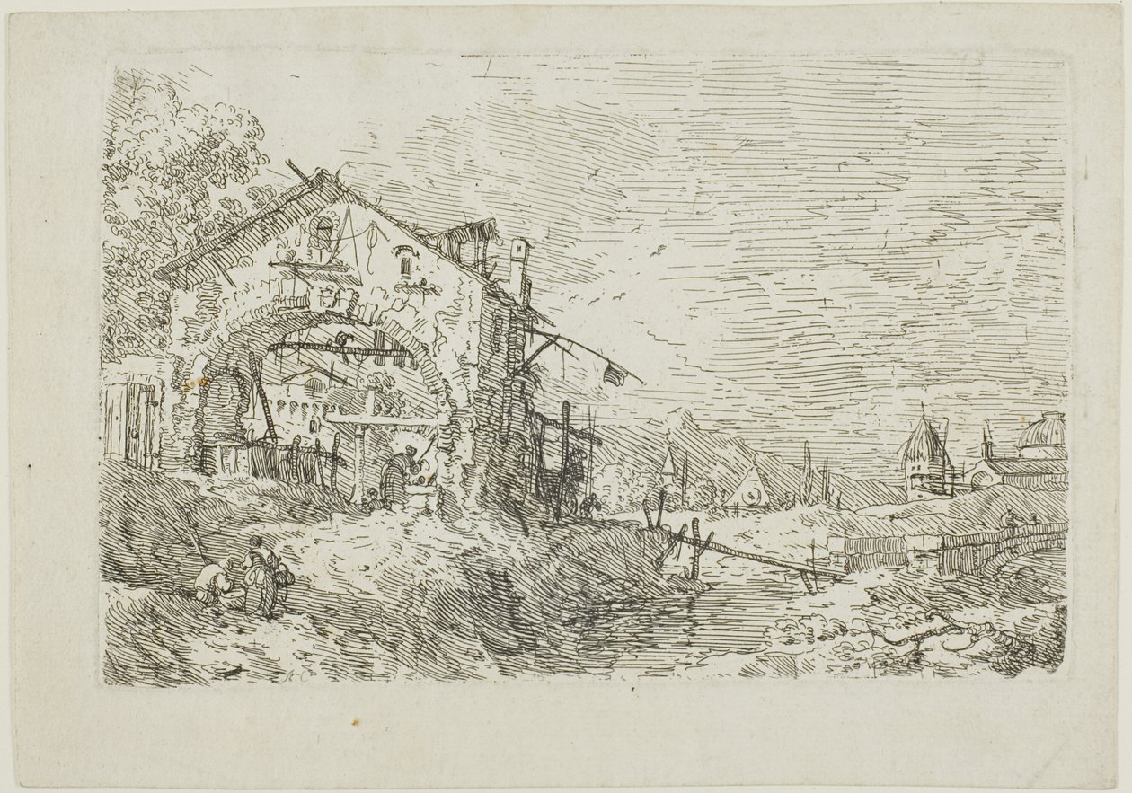 Maisema naisen kanssa kaivossa, Vedutelta tekijältä Canaletto