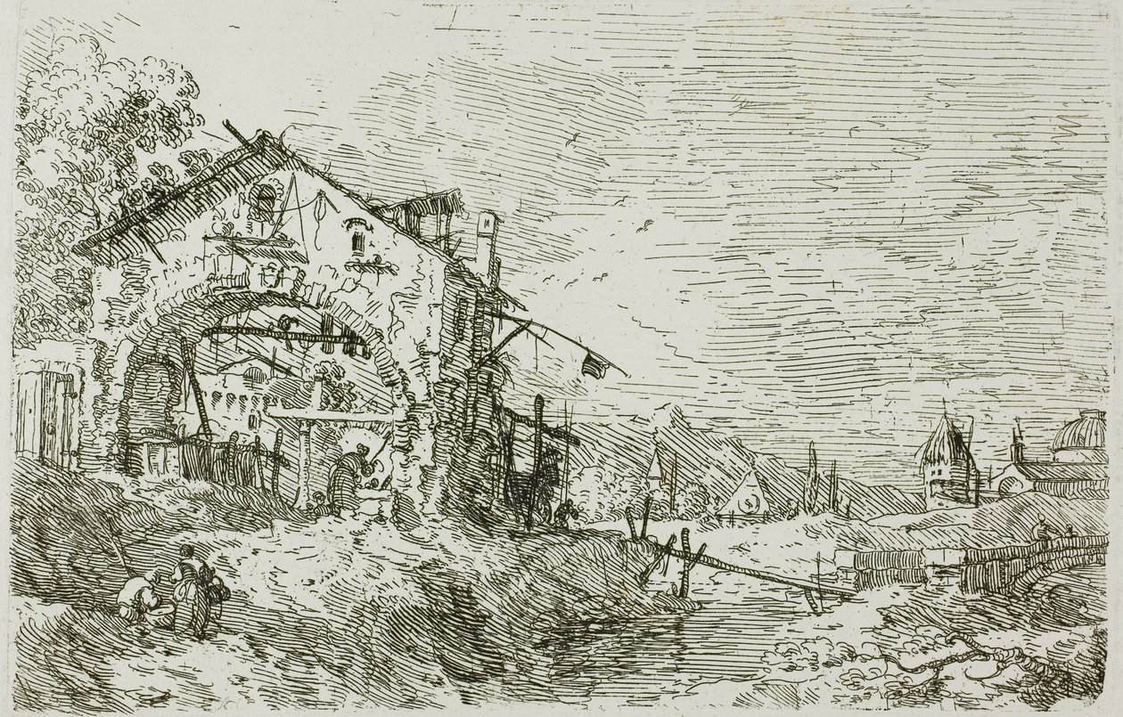 Maisema naisen kanssa kaivossa, Vedutelta tekijältä Canaletto