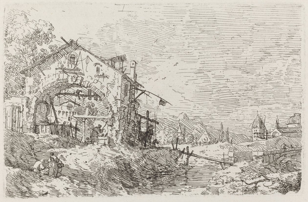 Maisema naisen kanssa kaivossa [alas vasemmalla], c. 17351746. tekijältä Canaletto