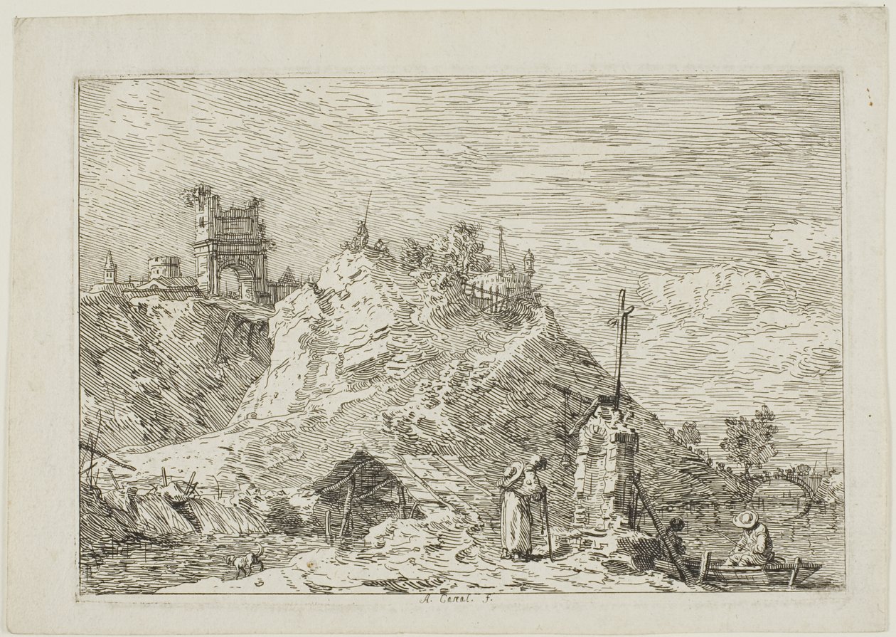Maisema pyhiinvaeltajan kanssa rukouksessa, Vedutesta tekijältä Canaletto