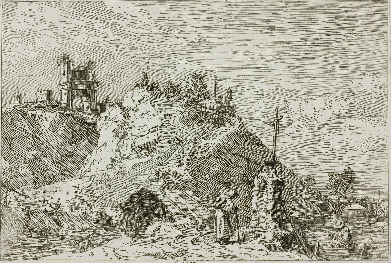 Maisema pyhiinvaeltajan kanssa rukouksessa, Vedutesta tekijältä Canaletto