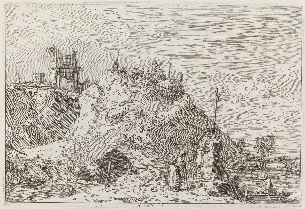 Maisema pyhiinvaeltajan kanssa rukouksessa [ylävasemmalla] tekijältä Canaletto