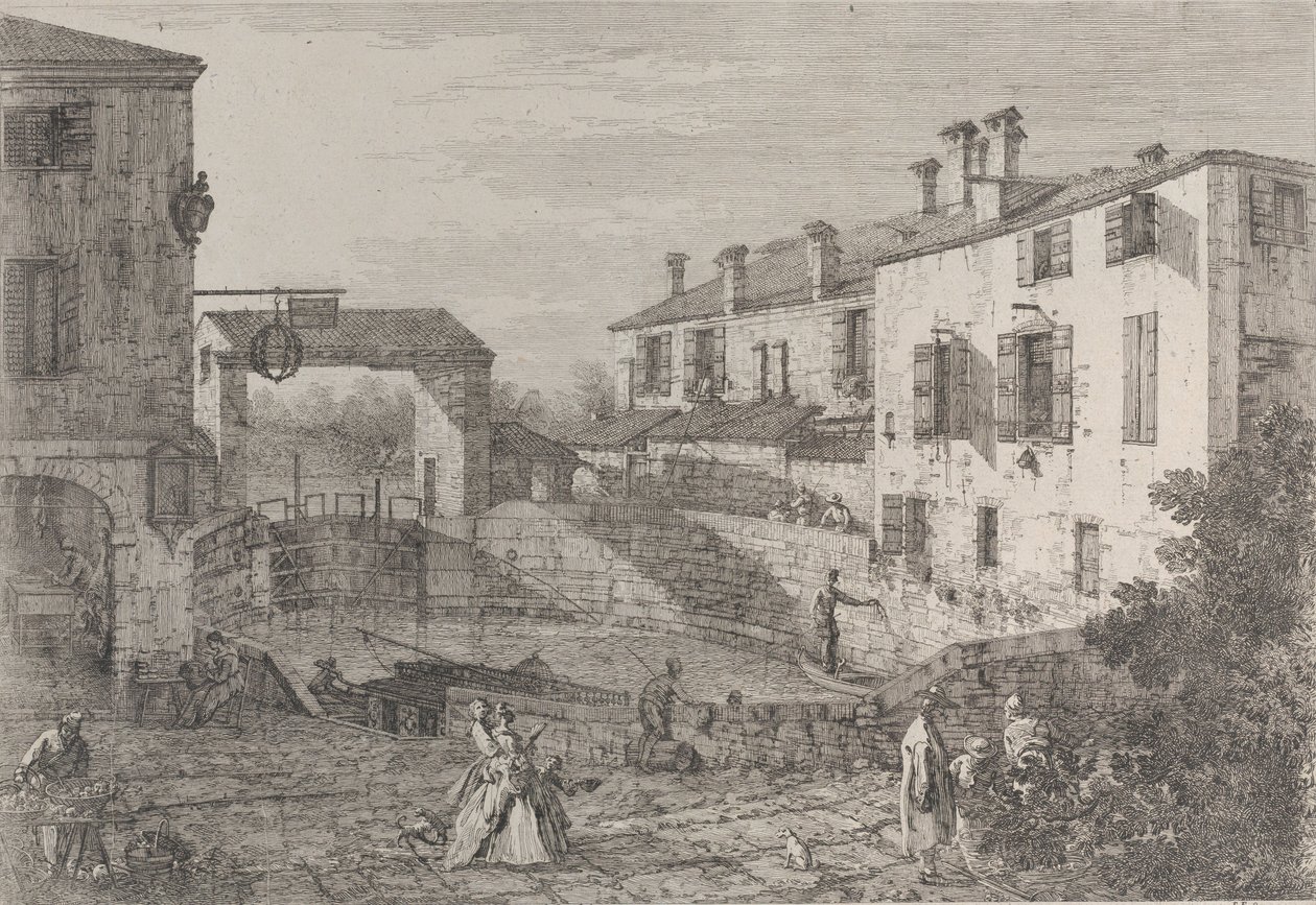 Le porte del Dolo: Dolon sulkujen soikea allas, laituriin kiinnitetty proomu..., 1735-46. tekijältä Canaletto