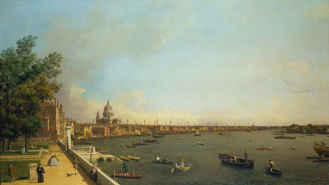 Lontoo. Thames Somerset House Terracelta kohti kaupunkia, noin 1751 tekijältä Giovanni Antonio Canal