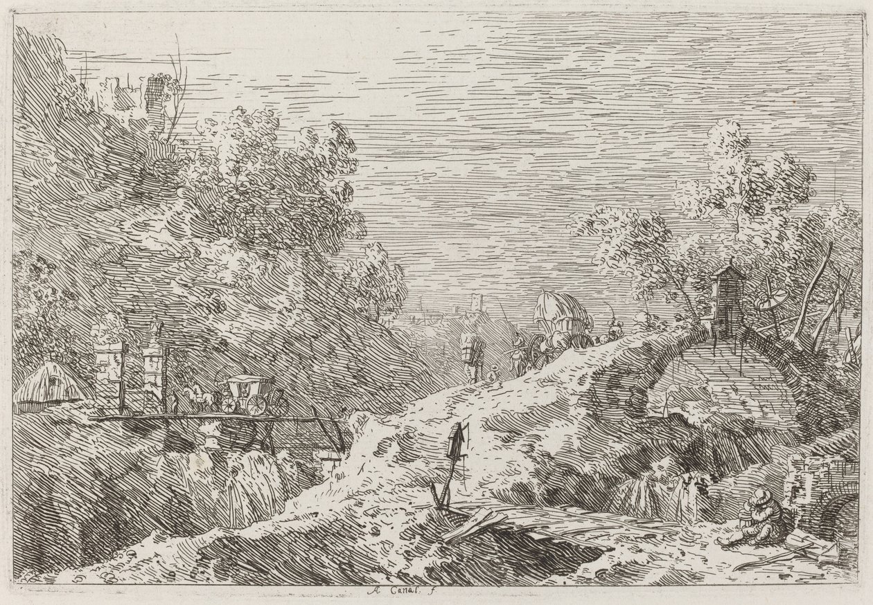 Vuoristomaisema viidellä sillalla [alhaalla oikealla], c. 17351746. tekijältä Canaletto