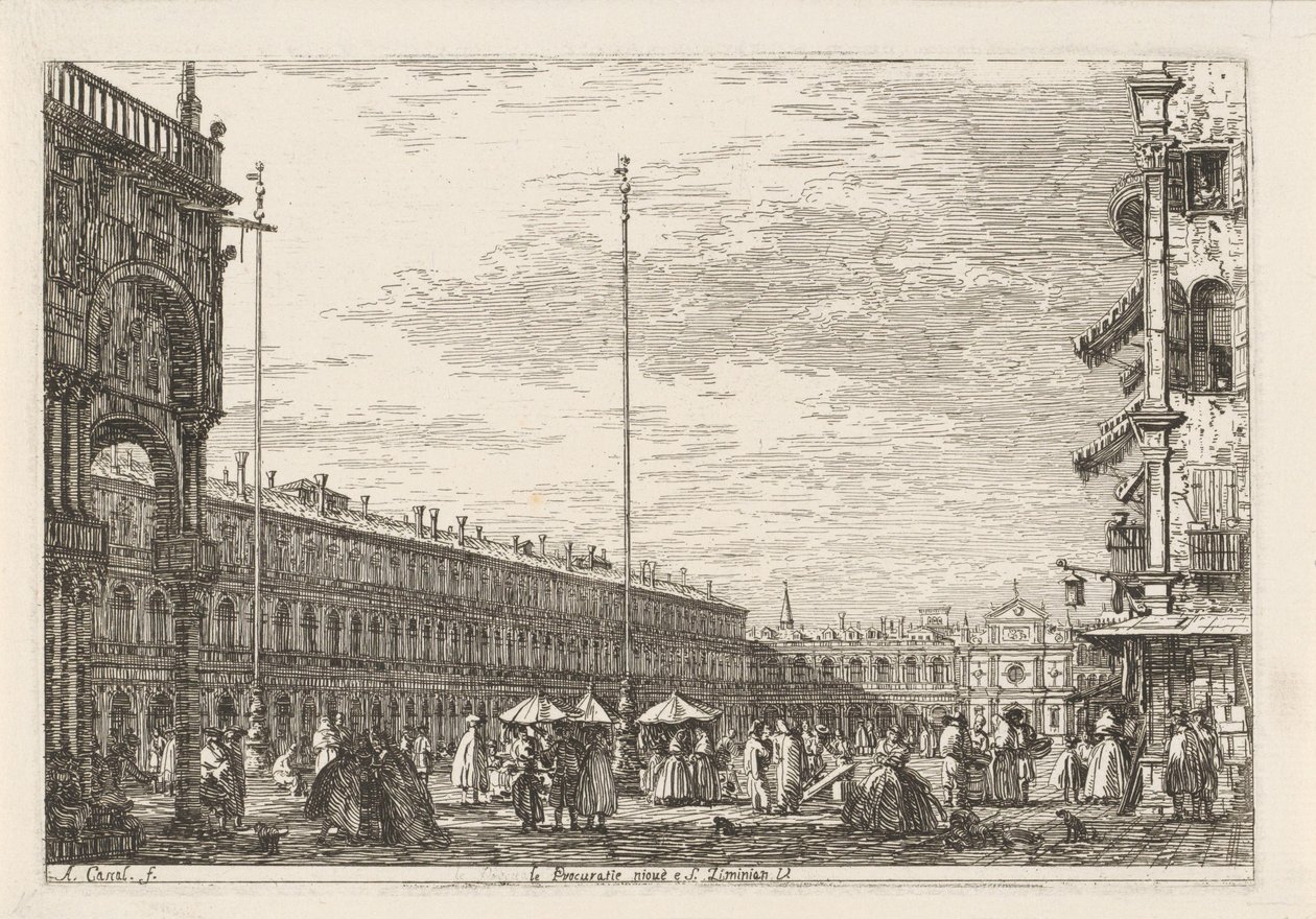 Piazza San Marco Le procuratie niove e S. Ziminian V. (otsikko esineessä) Kasvot olemassa olevissa ja keksityissä paikoissa (sarjan nimi) Vedute altre prese da i Luoghi altre ideate da Antonio Canal (sarjan nimi) tekijältä Canaletto
