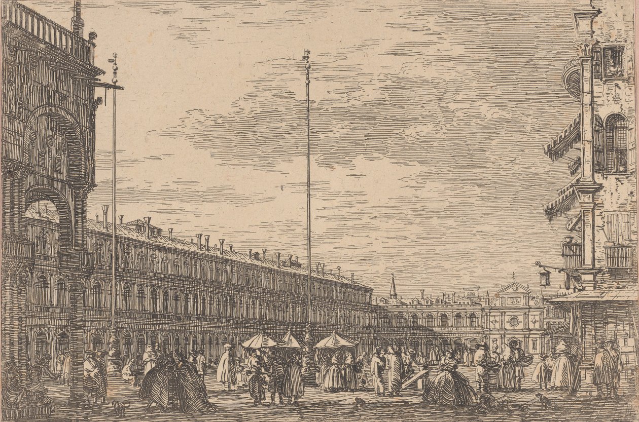 Piazza San Marco, jossa Procuratie Nuove vasemmalla ja San Geminianon kirkko ..., 1735-46. tekijältä Canaletto
