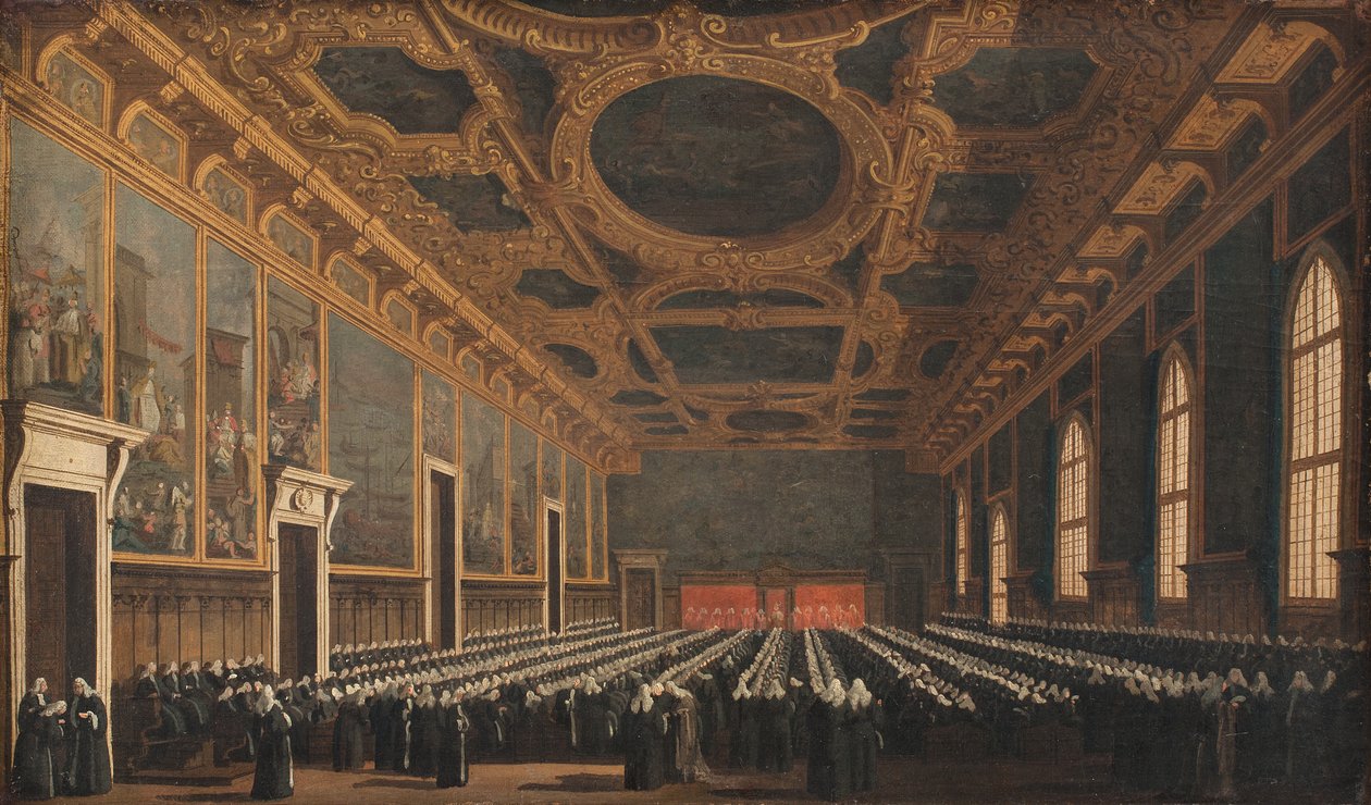 Doge ja suurneuvosto Sala del Maggior Consigliossa tekijältä Canaletto