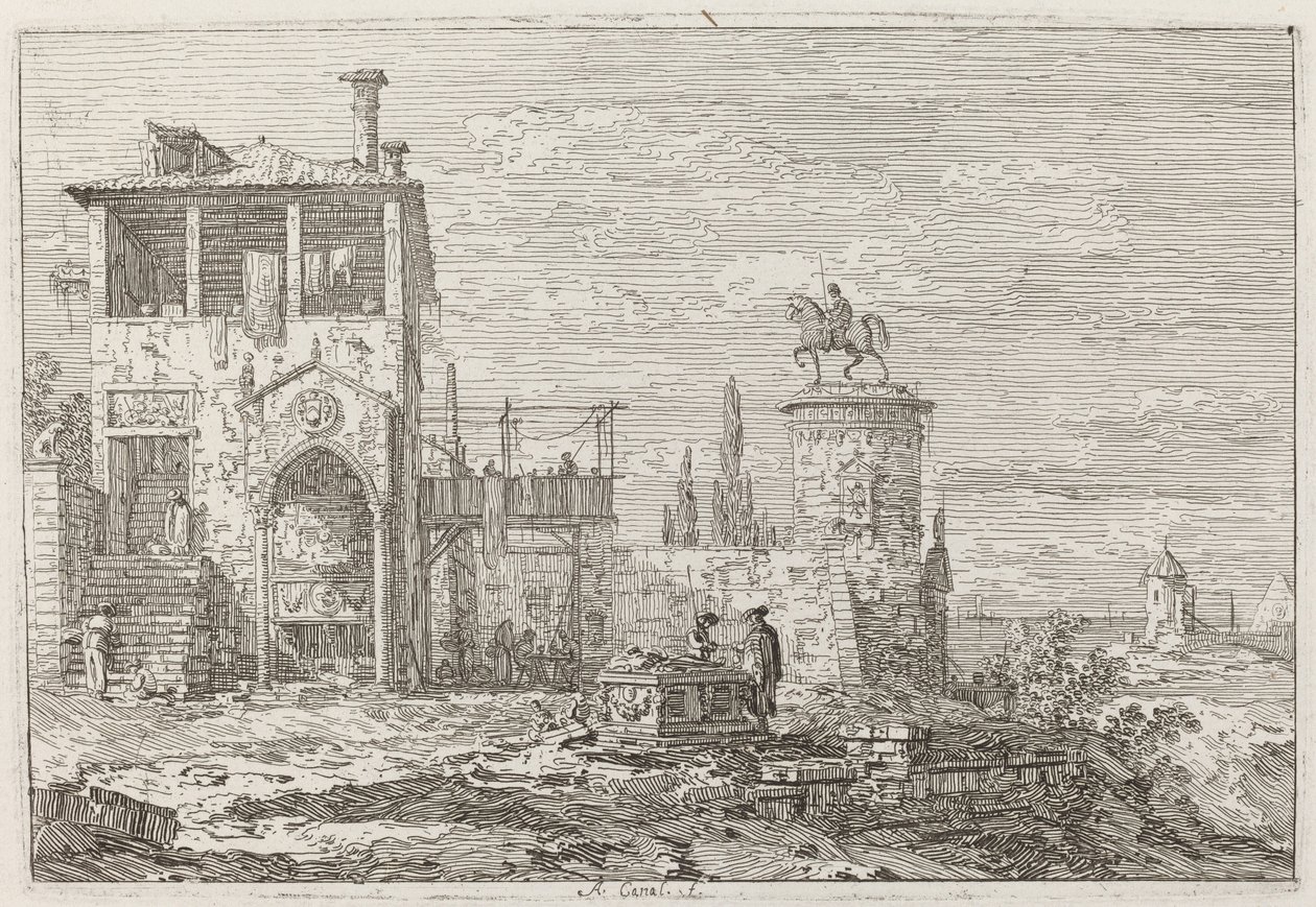 Ratsastusmonumentti [ylhäällä oikealla], n. 17351746. tekijältä Canaletto