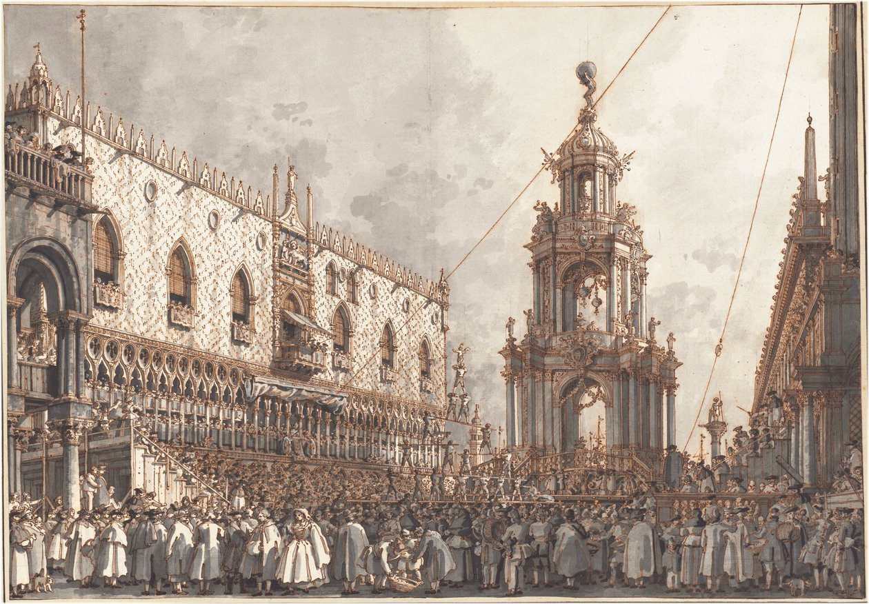 Giovedì Grasso -juhla Venetsian Dogen palatsin edustalla tekijältä Canaletto