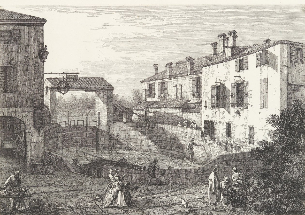 Dolon lukot, soikea altaan, jonka keskellä on veneitä, molemmilla puolilla rakennuksia..., 1735-46. tekijältä Canaletto