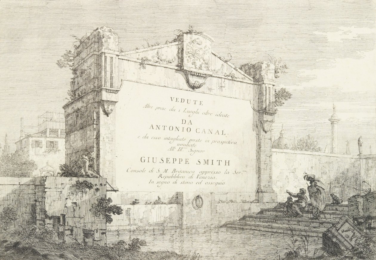 Nimilehti, jossa suuri klassisen raunion seinä, oikealla paikalla oleva hahmo..., 1735-46. tekijältä Canaletto