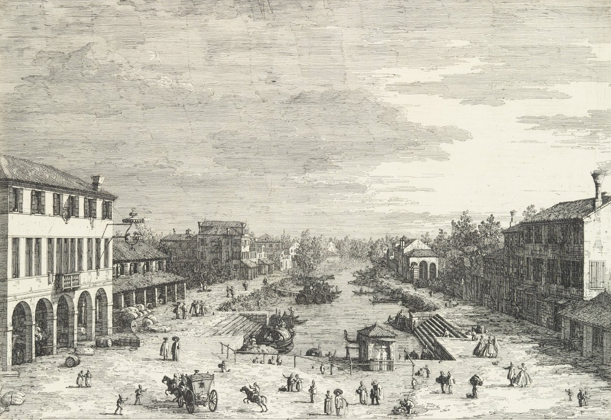 Näkymä Mestreen, vasemmalla olevaan majataloon ja muihin kanavan varrella oleviin rakennuksiin, Näkymä..., 1735-46. tekijältä Canaletto