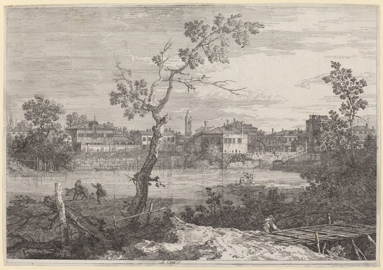 Näkymä kaupunkiin joen rannalla tekijältä Canaletto