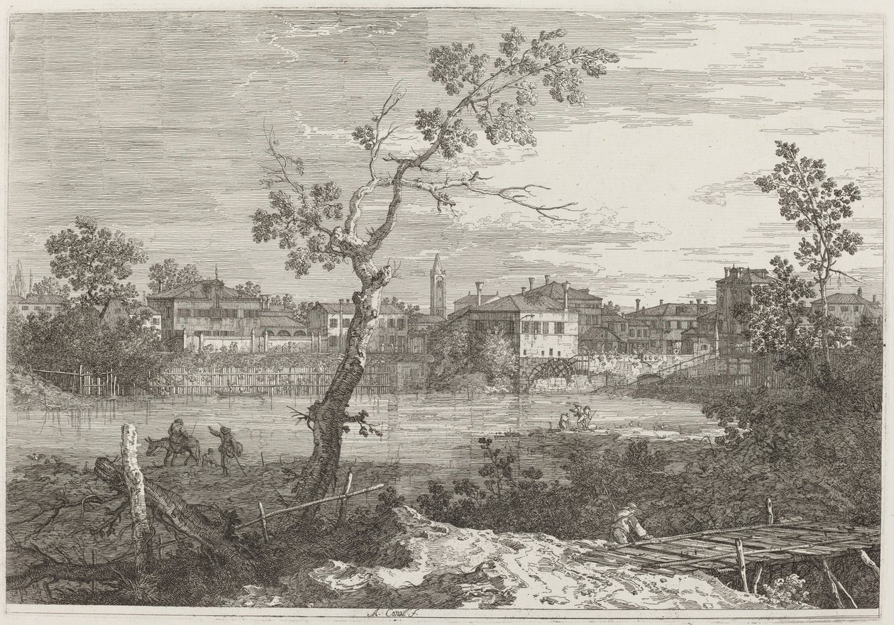 Näkymä kaupunkiin joen rannalla, n. 17351746. tekijältä Canaletto