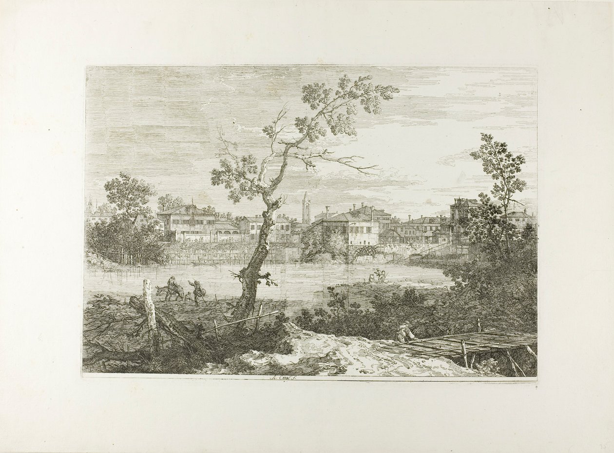 Näkymä kaupunkiin joen rannalla, Vedutesta tekijältä Canaletto