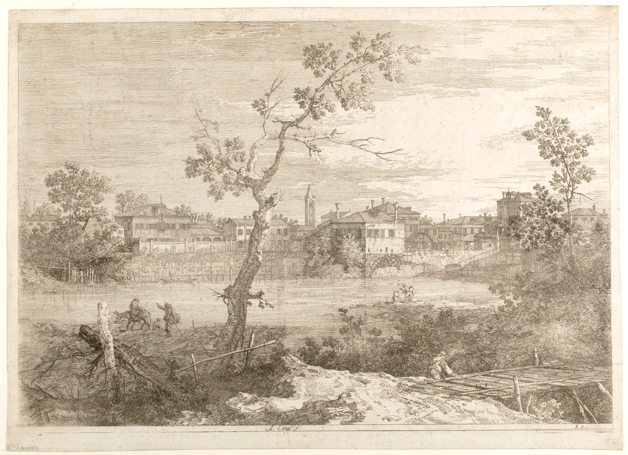 Näkymä joenrannalla sijaitsevasta kaupungista, sarjasta ”Näkymiä” tekijältä Canaletto