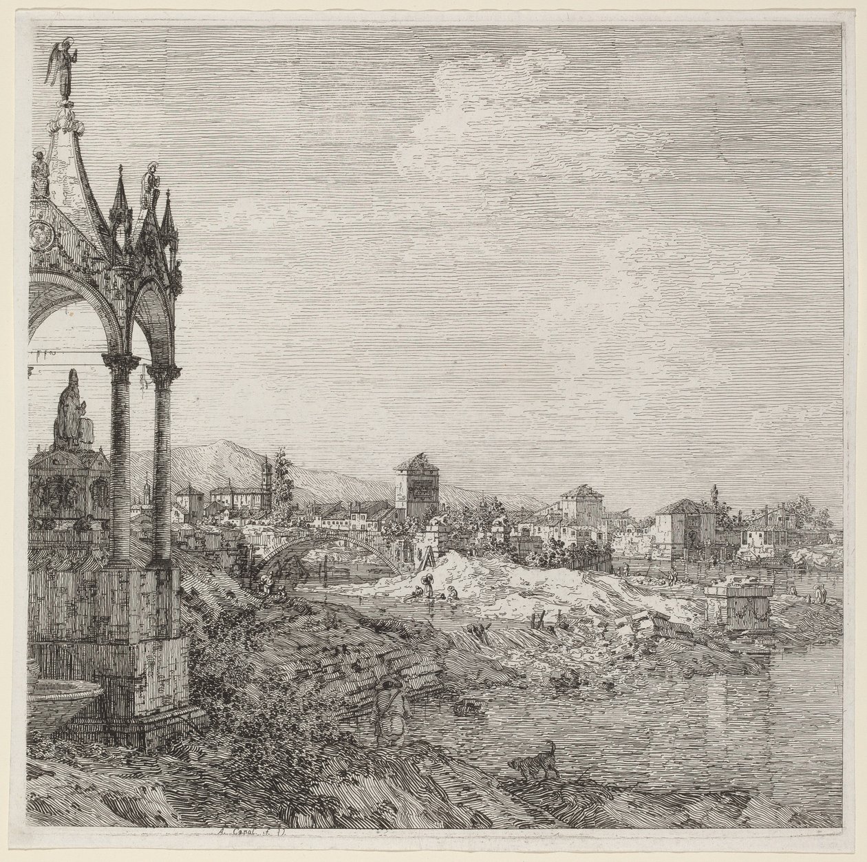 Näkymä kaupunkiin, jossa on piispan hauta, n. 1740. tekijältä Canaletto