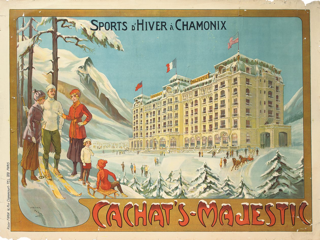 Juliste, joka mainostaa hotellia "Cachat"s Majestic ja talviurheilua Chamonix