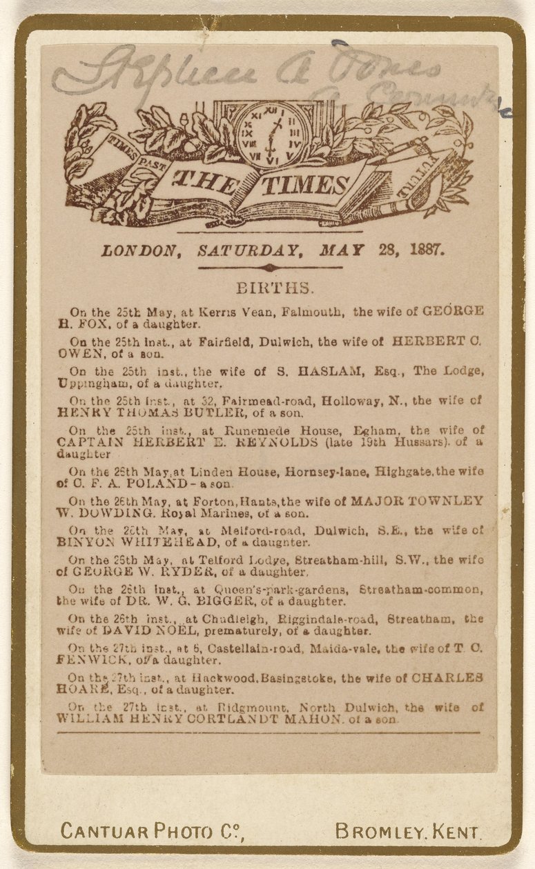 [Syntymäilmoitussivu lehdestä "The Times", Lontoo, lauantai 28. toukokuuta 1887] tekijältä Cantuar Photographic Company