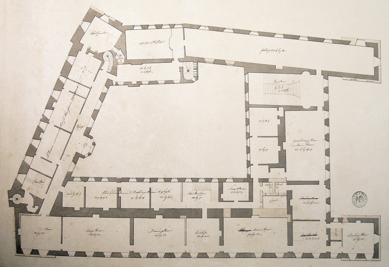 Kolmannen linnan muutostöiden suunnitelma (tussi ja tussi, pesu paperille). tekijältä Capability Brown