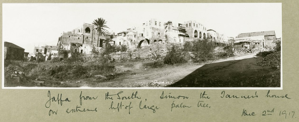 Jaffa etelästä, Simon Tannerin talo palmun vasemmalla puolella, 2. joulukuuta 1917 tekijältä Capt. Arthur Rhodes